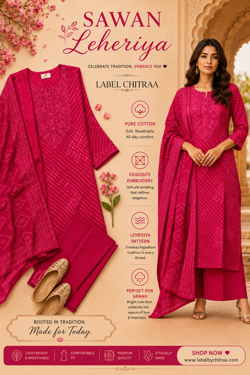 Adaa - Rani Pink Leheriya Pure Cotton Suit Set with Embroidery & Palazzo | Festive & Pooja Ethnic Wear for Women