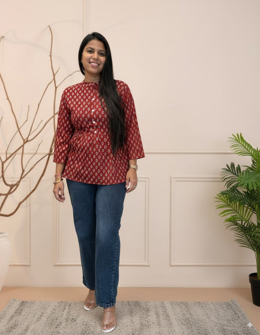 Maroon Cotton Peplum Short Kurti | Designer Ethnic Top for Women