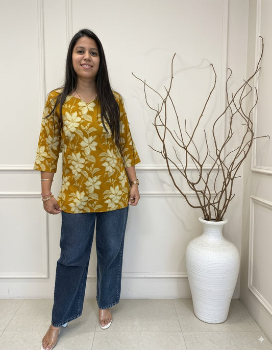 Mustard Cotton Short Kurti | Designer Ethnic Casual Top for Women