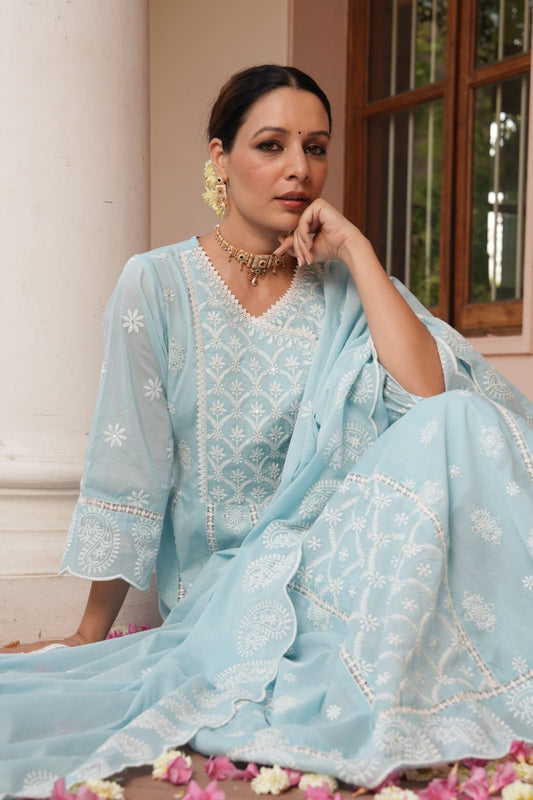 Falak-e-Naz – Sky Blue Embroidered Anarkali Suit Set