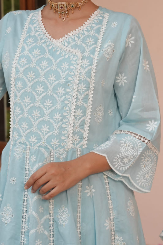 Falak-e-Naz – Sky Blue Embroidered Anarkali Suit Set