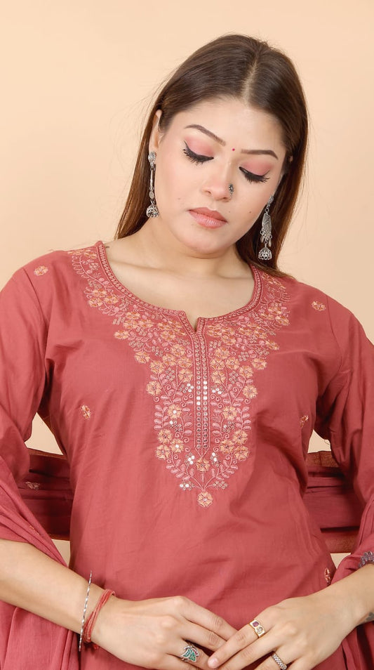 Zarista - Rust Embroidered Straight Suit Set
