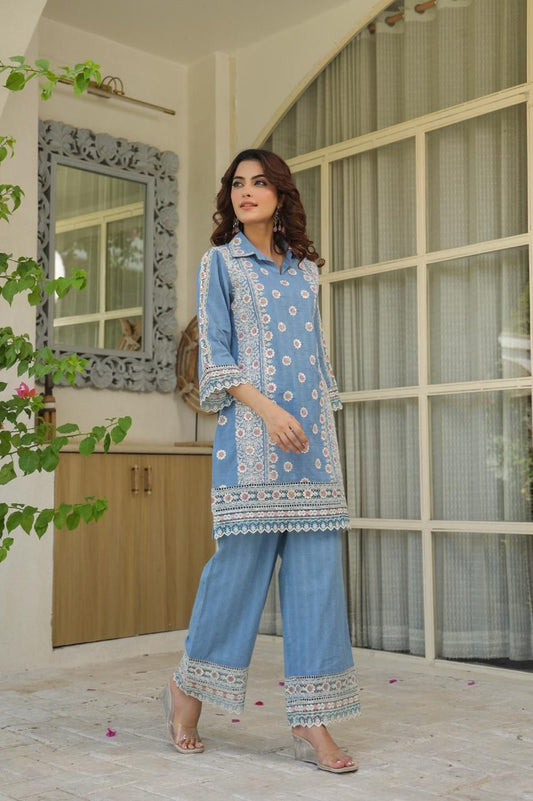 Fiza – Powder Blue Embroidered Cotton Co-ord Set