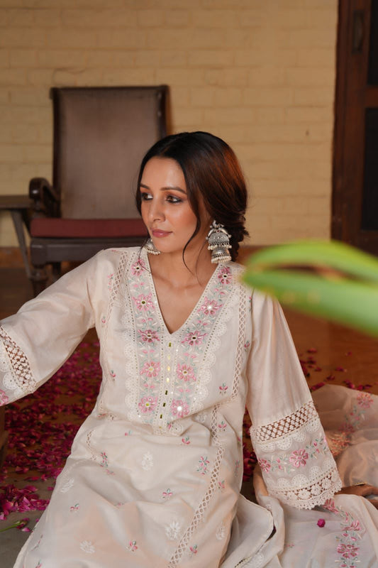 Tarannum – White Mul Chanderi Suit with Embroidered Dupatta