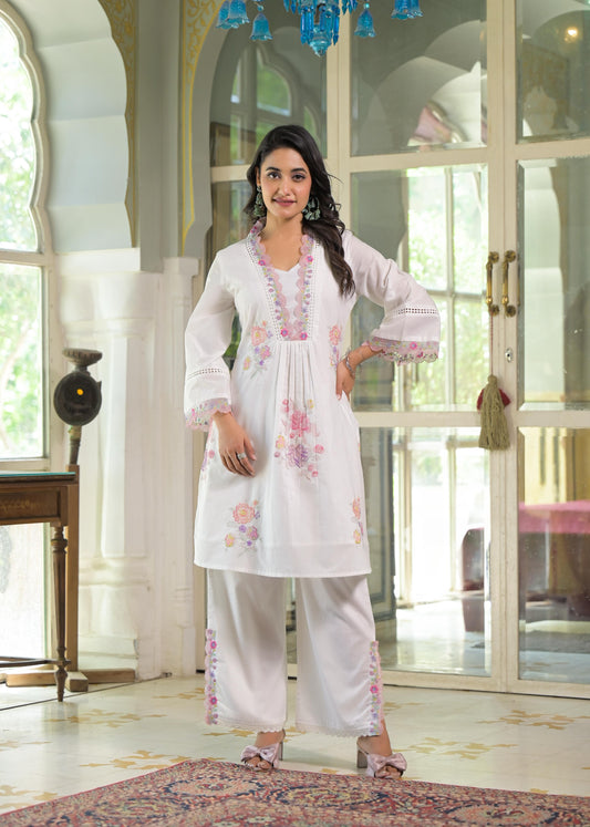 Noorani – White Embroidered Mul Cotton Co-ord Set