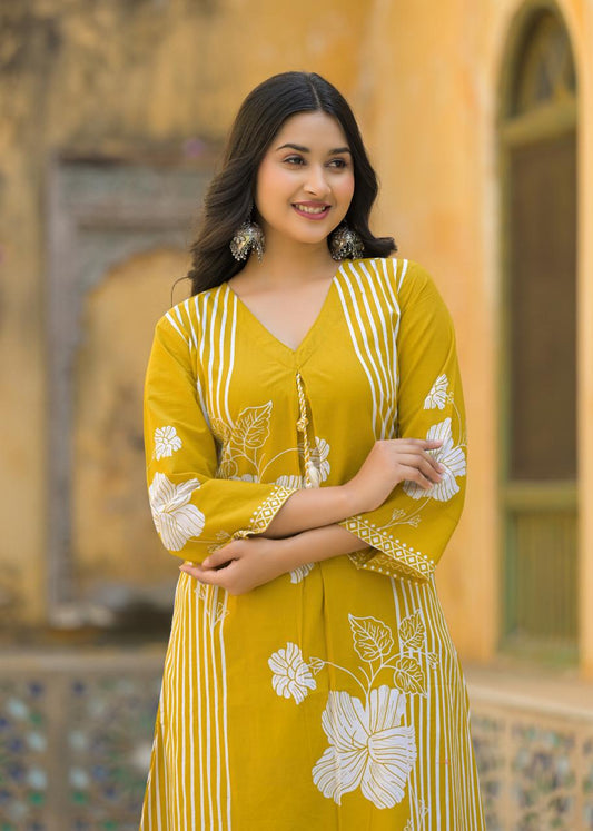 Zarnigar – Yellow A-line Cotton Kurta Set