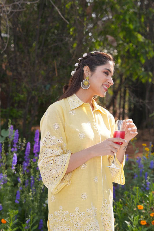 Pehar – Light Yellow Schiffli Cotton Co-ord Set