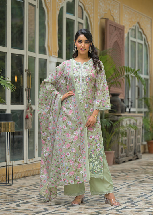 Mehr – Sage Green Floral Embroidered Suit Set