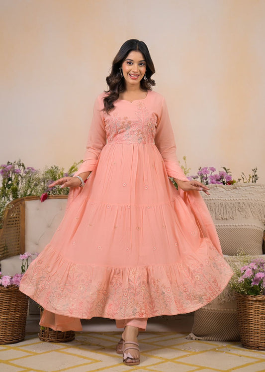 Zoya - Peach Floral Embroidered Cotton Anarkali