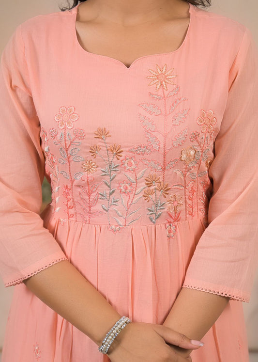 Zoya - Peach Floral Embroidered Cotton Anarkali