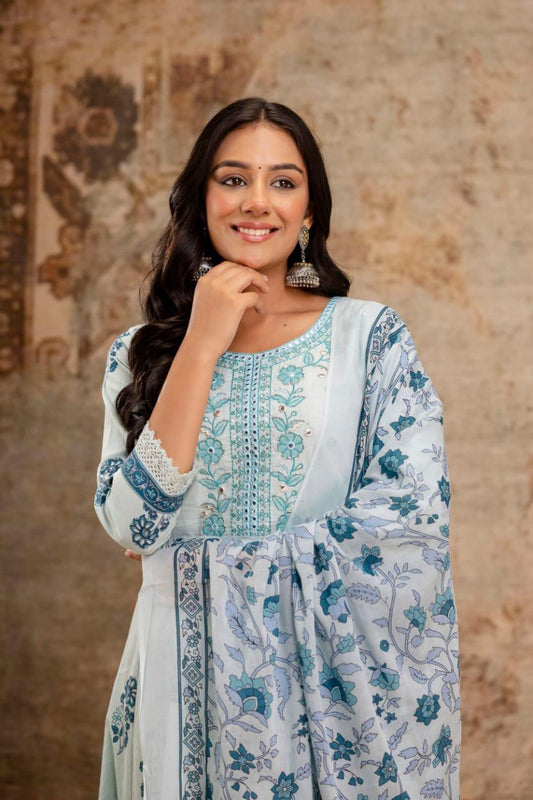 Neel-e-Falak - Serene Blue Floral Cotton Anarkali