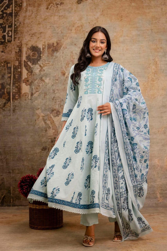 Neel-e-Falak - Serene Blue Floral Cotton Anarkali