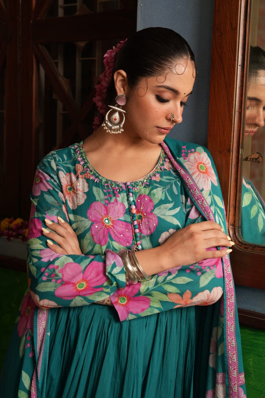 Firdaus - Vibrant Teal Floral Cotton Anarkali Gown