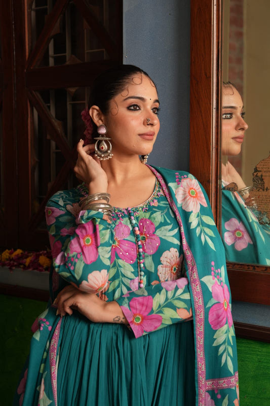 Firdaus - Vibrant Teal Floral Cotton Anarkali Gown