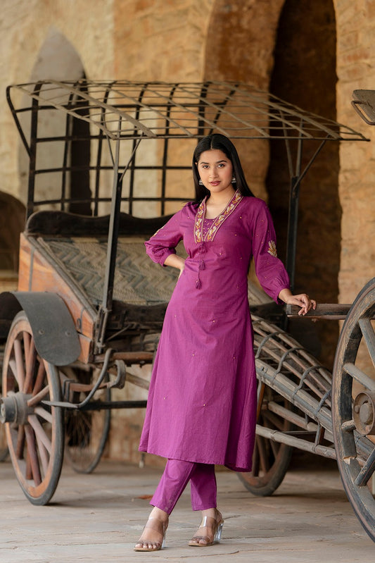 Violaire – Purple Embroidered Cotton Dobby Co-ord Set