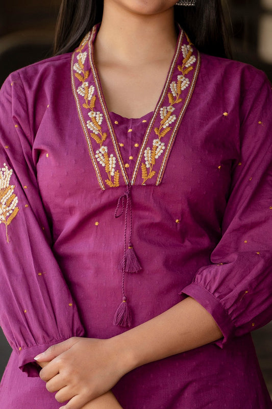 Violaire – Purple Embroidered Cotton Dobby Co-ord Set