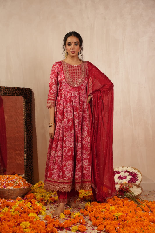 Zohra-e-Gul – Crimson Anarkali Suit Set