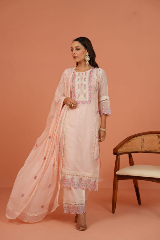 Zikr-e-Bahar - Ethereal Peach Floral Organza Suit