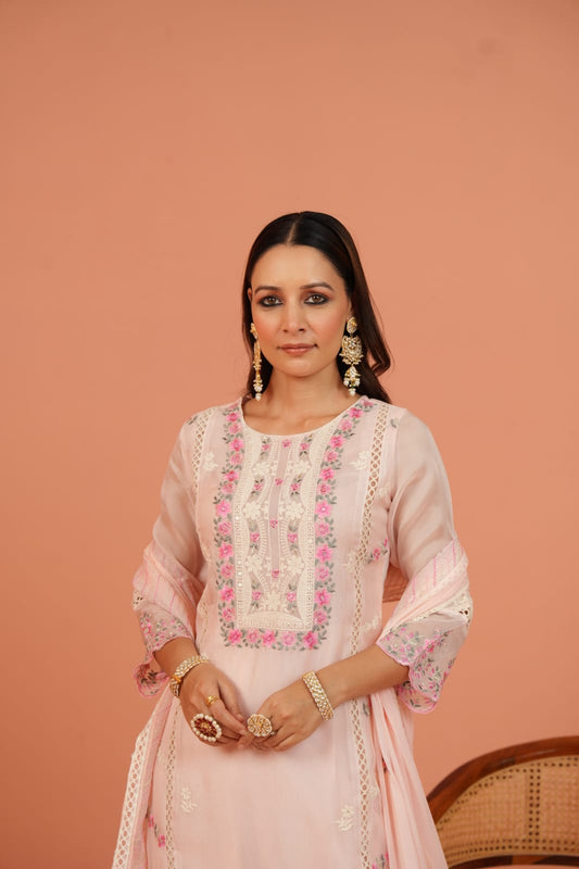 Zikr-e-Bahar - Ethereal Peach Floral Organza Suit