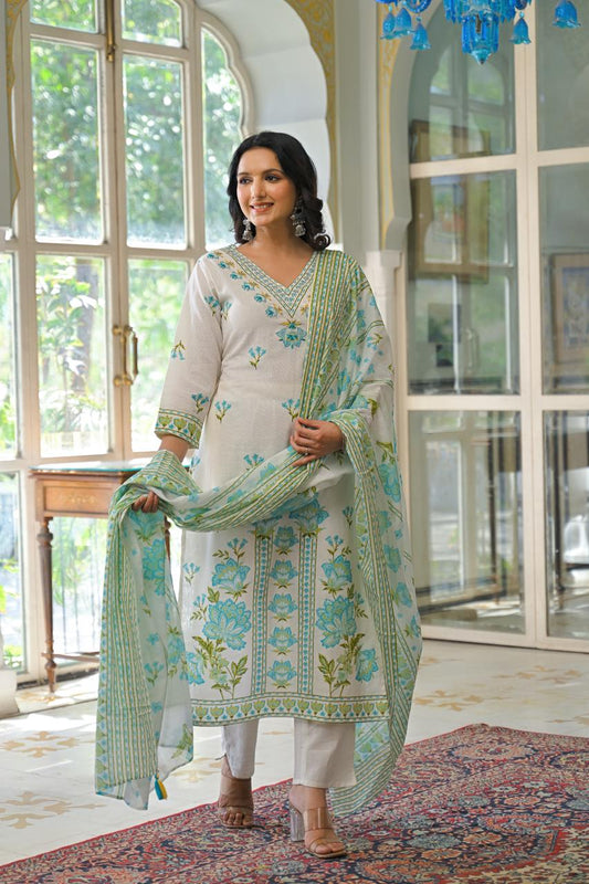 Subh-e-Gul - Fresh White Cotton Floral Printed Suit