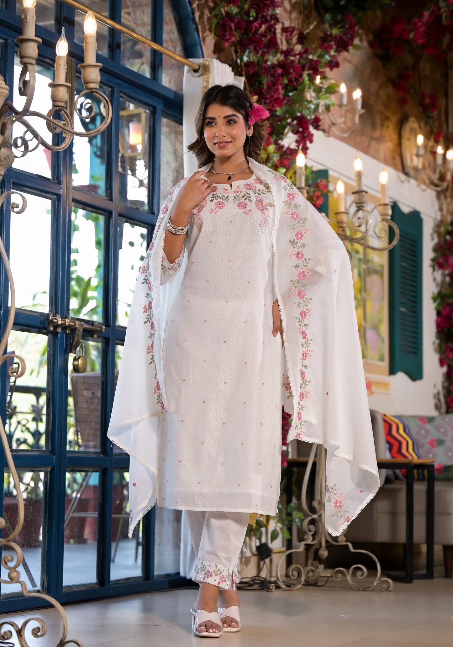 Mahtab - White Cotton Floral Embroidered Suit