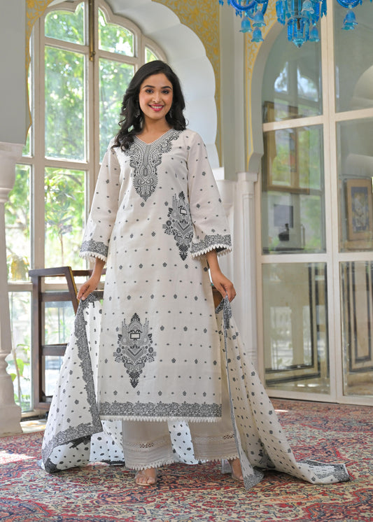 Husn-e-Khatt - White Black Embroidered Cotton Palazzo Suit