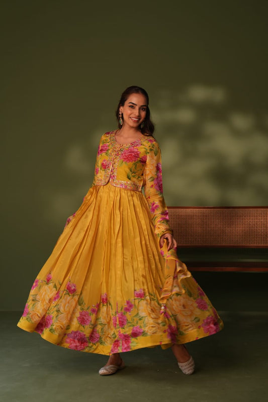 Roshni - Festive Yellow Floral Silk Anarkali Gown