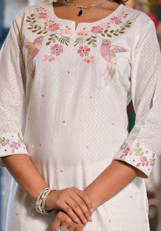 Mahtab - White Cotton Floral Embroidered Suit