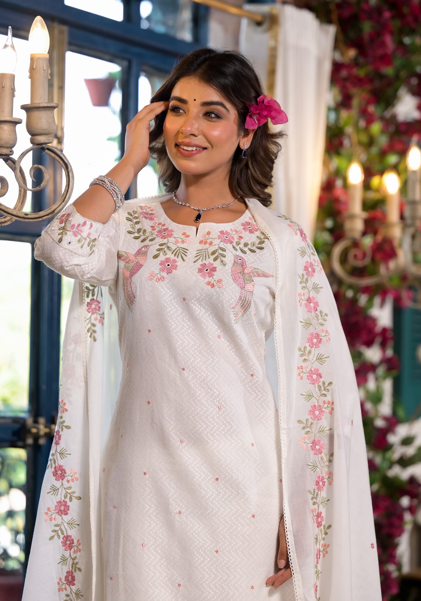 Mahtab - White Cotton Floral Embroidered Suit