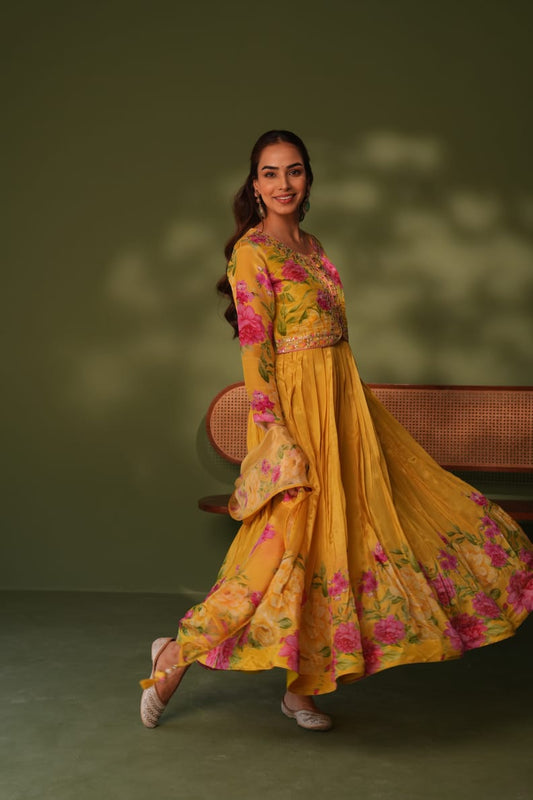 Roshni - Festive Yellow Floral Silk Anarkali Gown