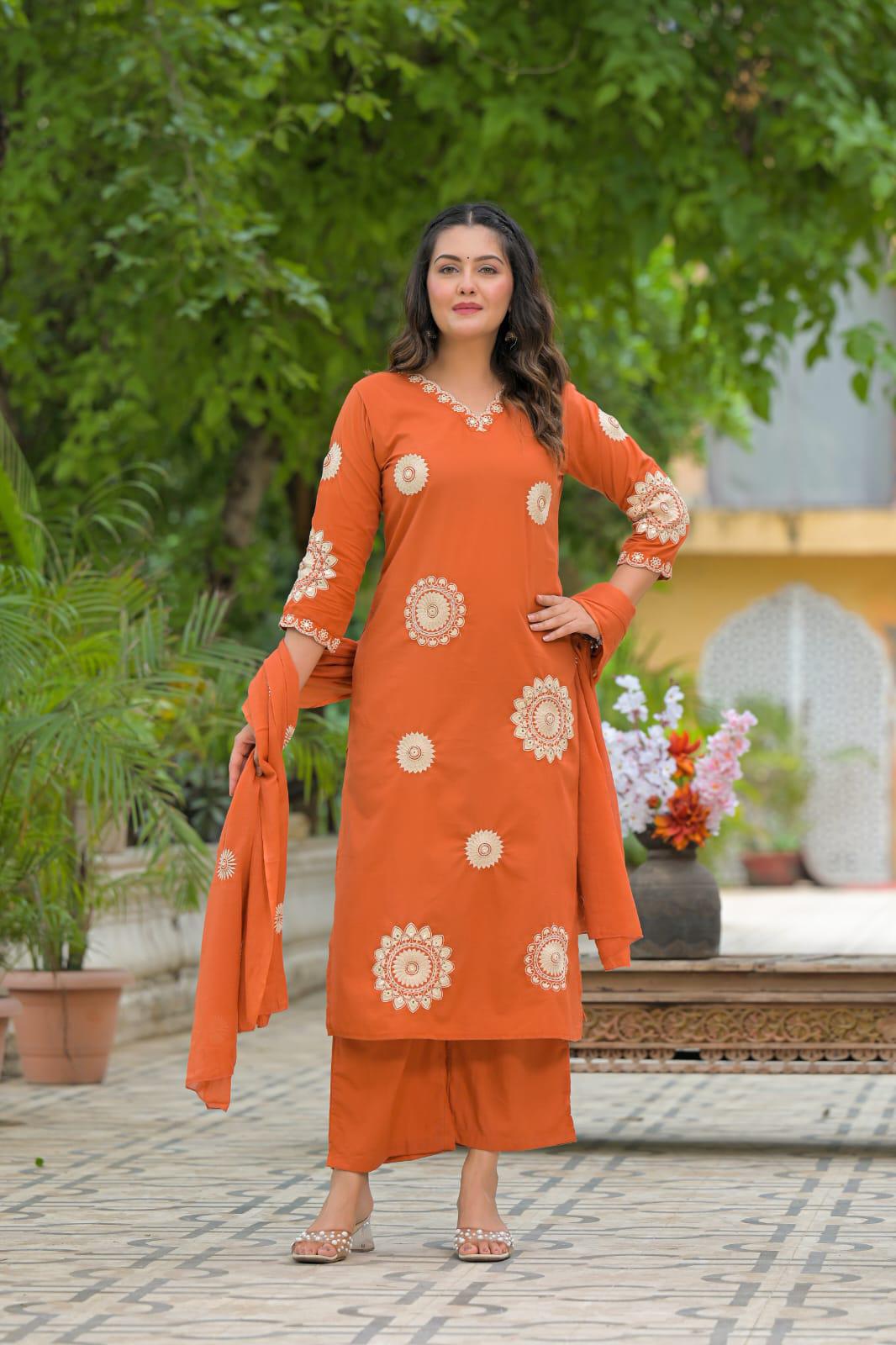 Ufaq – Orange Thread-Embroidered Straight Cotton Suit Set