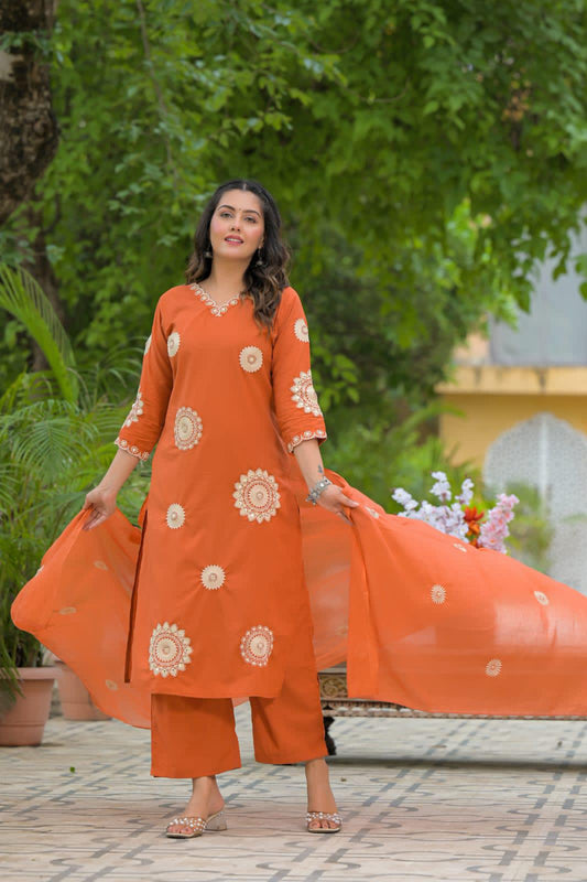 Ufaq – Orange Thread-Embroidered Straight Cotton Suit Set
