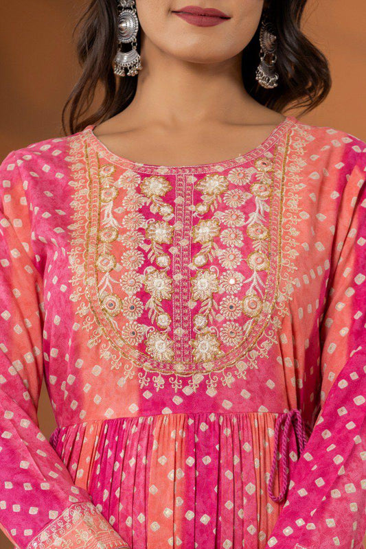 Rangrez – Pink Bandhej Printed One Piece Dress in German Rayon with Tassel Details
