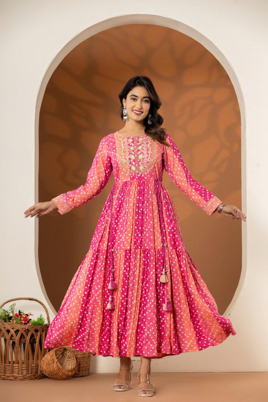 Rangrez – Pink Bandhej Printed One Piece Dress in German Rayon with Tassel Details