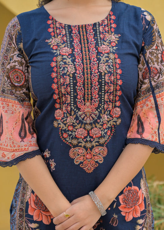 Shaameen – Navy Blue Embroidered Cotton Suit Set
