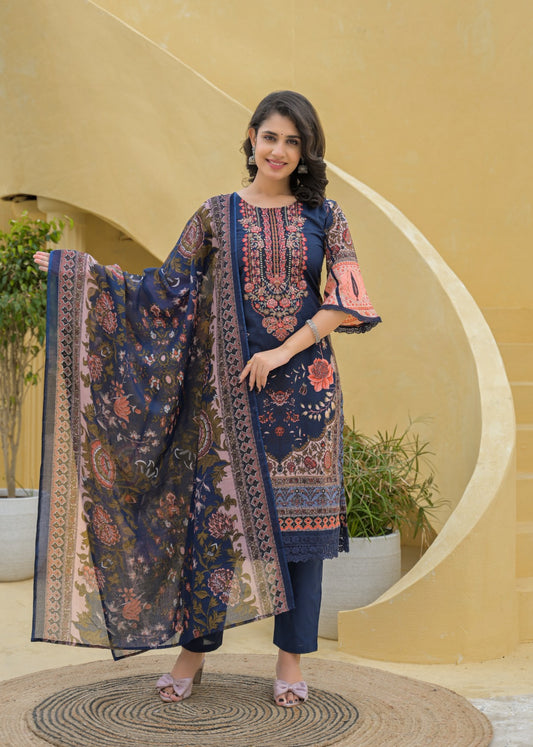 Shaameen – Navy Blue Embroidered Cotton Suit Set