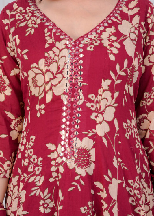 Gulrooh – Maroon Floral Cotton Anarkali Set