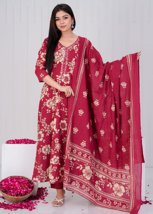 Gulrooh – Maroon Floral Cotton Anarkali Set