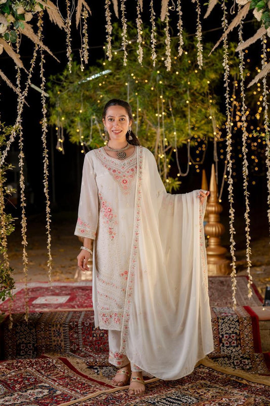Qamar – White Georgette Embroidered Suit Set