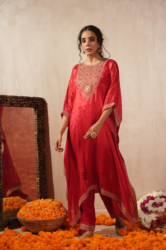 Nazaakat - Red Bandhej Kaftan Set with Embroidered Neckline