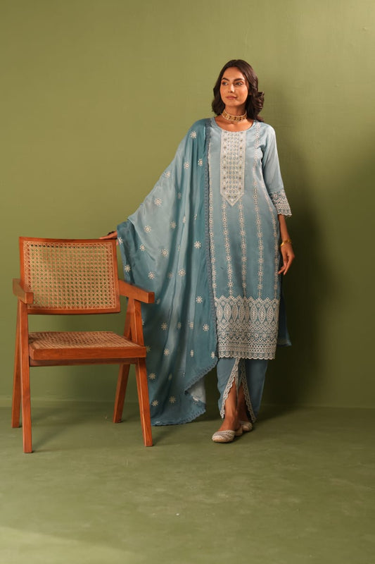 Meherbaan – Sky Blue Embroidered Maslin Suit Set with Tulip Pants | Festive Ethnic Wear for Women
