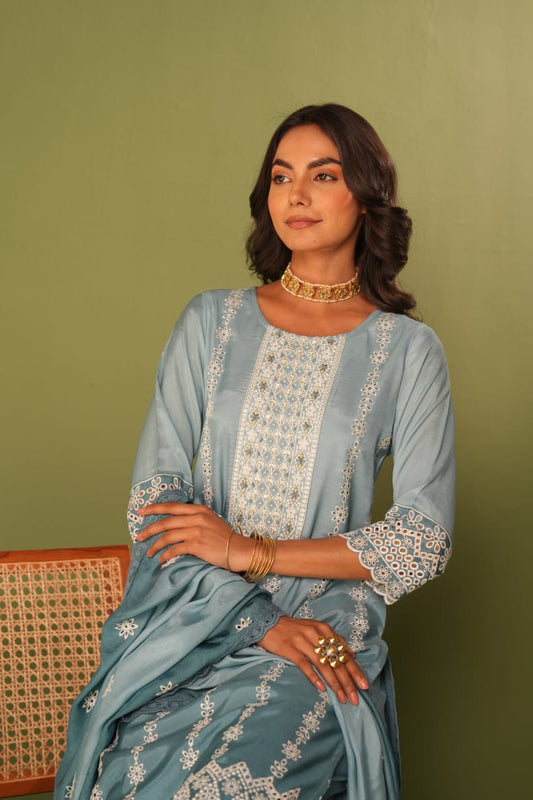 Meherbaan – Sky Blue Embroidered Maslin Suit Set with Tulip Pants | Festive Ethnic Wear for Women