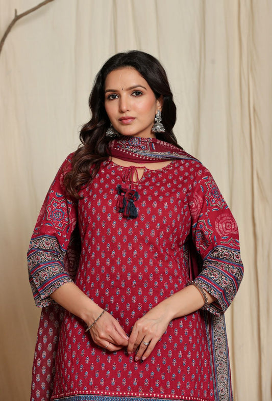 Itr-e-Jaam - Maroon Cotton Straight Suit Set