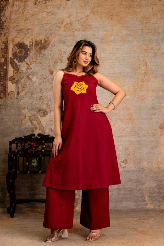 Meherbaan – Maroon Sleeveless Co-ord Set with Embroidered Neckline & Plazo