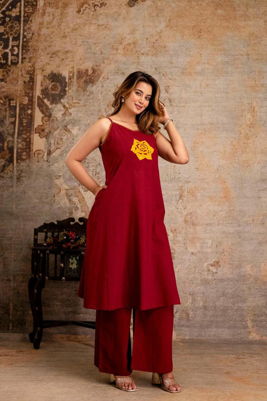 Meherbaan – Maroon Sleeveless Co-ord Set with Embroidered Neckline & Plazo