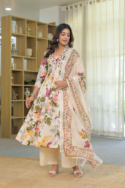 Naazneen – Off White Floral Printed Suit Set with Dupatta | Soft Cotton Ethnic Wear for Women