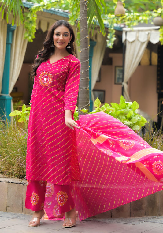 Samaa - Pink Leheriya Mirror Work Cotton Suit Set