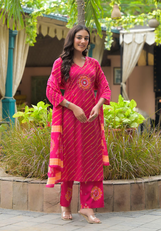 Samaa - Pink Leheriya Mirror Work Cotton Suit Set