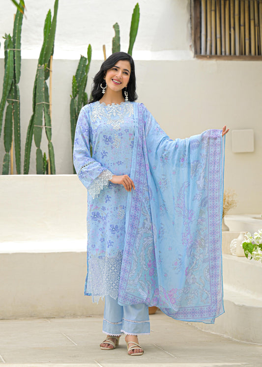Ufaq – Sky Blue Pure Mul Cotton Suit Set with Detailing | Summer Ethnic Wear for Women