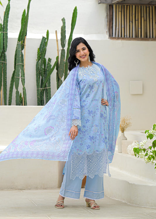 Ufaq – Sky Blue Pure Mul Cotton Suit Set with Detailing | Summer Ethnic Wear for Women